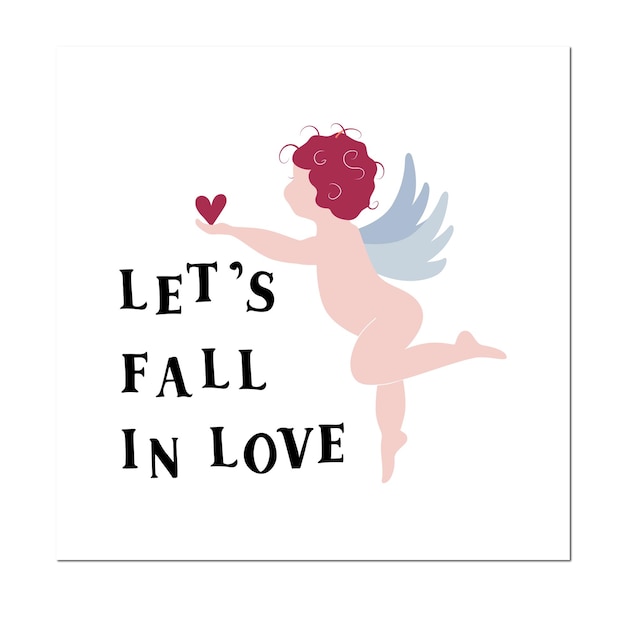 Lets fall in love card with cute cupid holding heart