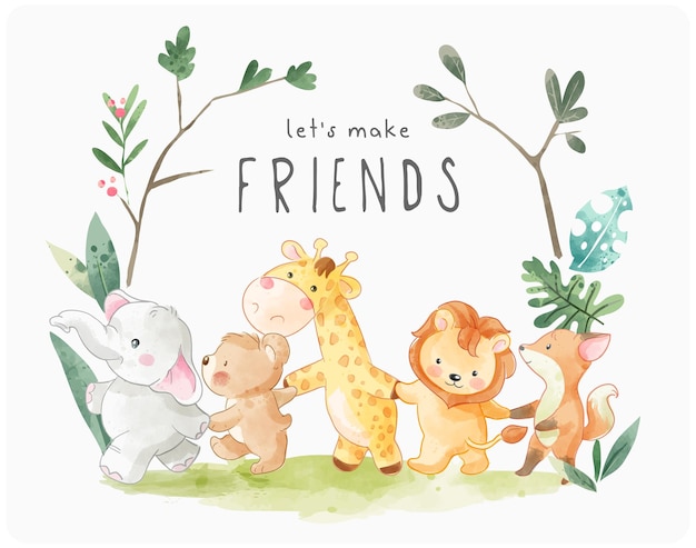 lets make friends slogan with cute cartoon animals holding hand illustration