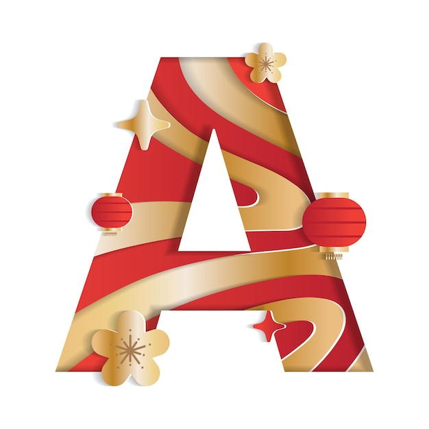 Letter A Alphabet Font Chinese New Year Character Font Flower Lantern Red Gold 3D Paper Layer Cutout