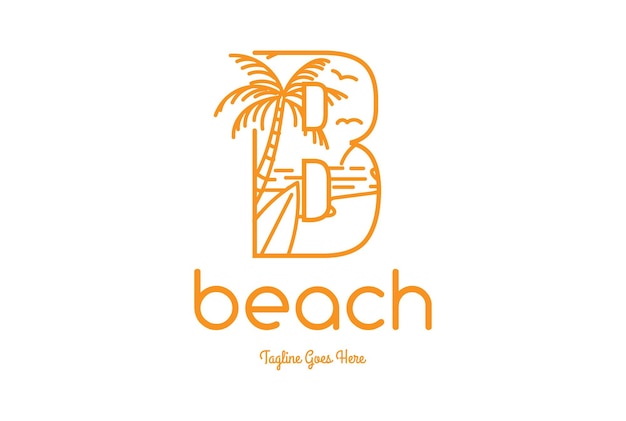 Letter B with Palm Tree Wave Sea Sunset and Surfboard for Beach Surf Travel Vacation Logo Design