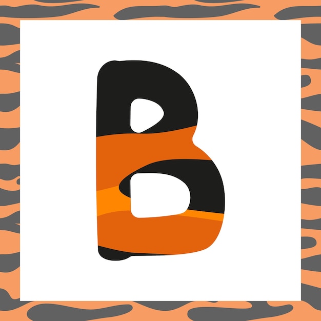 Vector letter b with tiger pattern festive font and frame from orange with black stripes alphabet symbol fo...