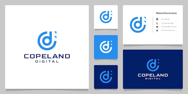 Letter C D monogram combination data technology circle shape logo design with business card