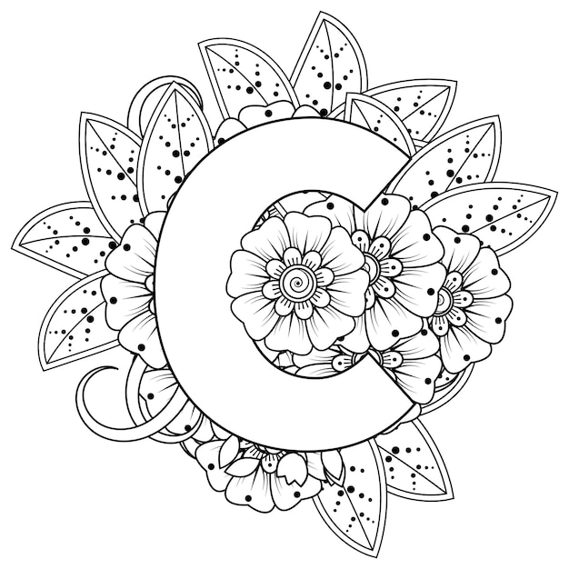 Letter C with Mehndi flower decorative ornament in ethnic oriental style coloring book page