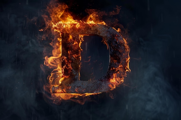 Vector letter d fire flames on black isolated background realistick fire effect with sparks part of alph