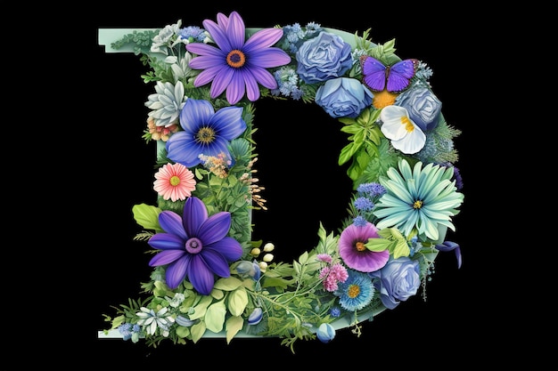 The letter D made of flowers on a black background The letter of the English alphabet Bright flo