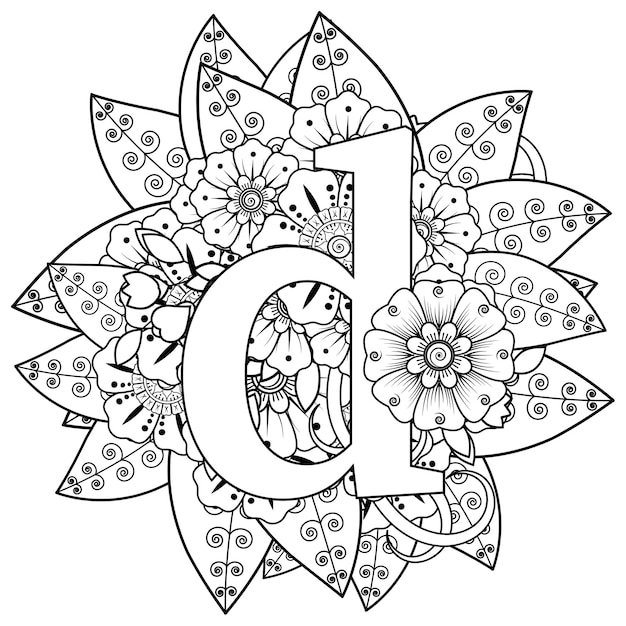 Letter D with Mehndi flower decorative ornament in ethnic oriental style coloring book page