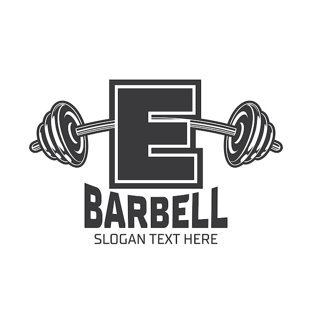 Vector letter e fitness gym logo design template design for gym and fitness club barbell icon