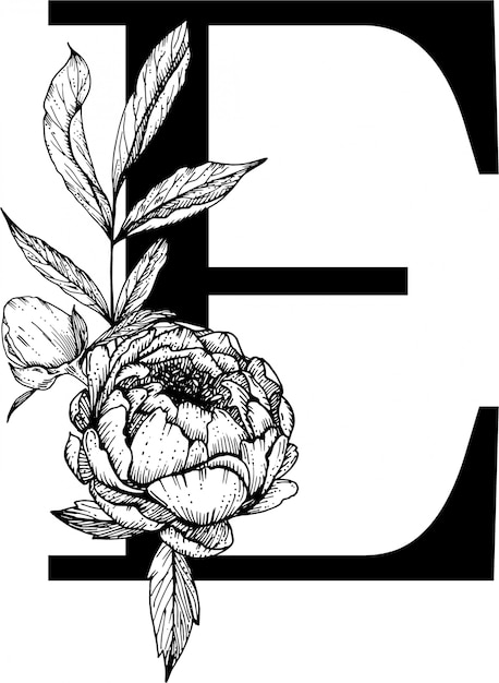 Letter E. Floral Alphabet, Botanical Alphabet