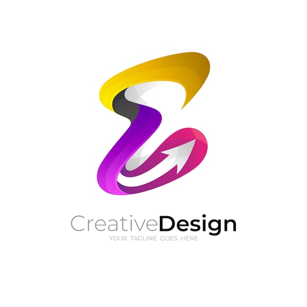 Letter E logo and arrow design combination 3d colorful