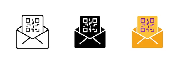 Letter or envelope with a QR code icon which may represent the concept of digital communication or linking to online information Vector set of icons in line black and colorful styles isolated