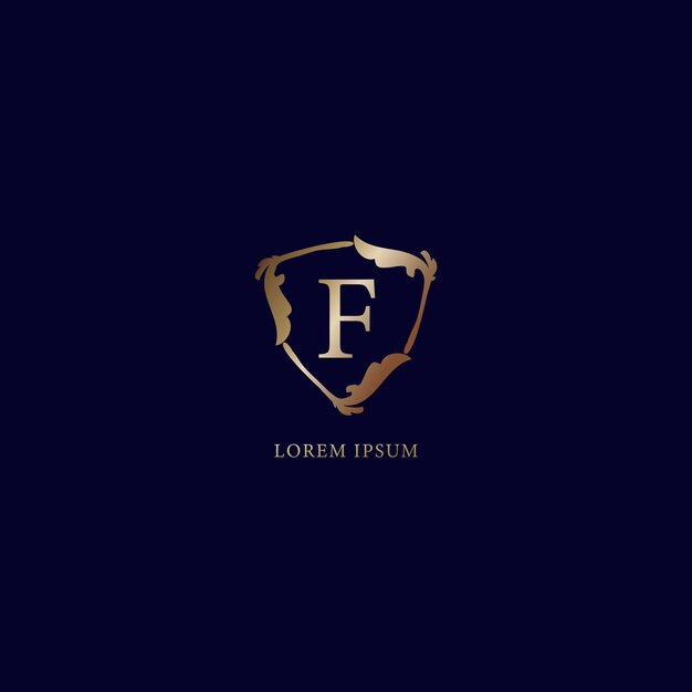 Letter F Alphabetic logo design template isolated on navy blue backgroud Decorative floral shield sign illustration Luxury metalic gold security logo concept