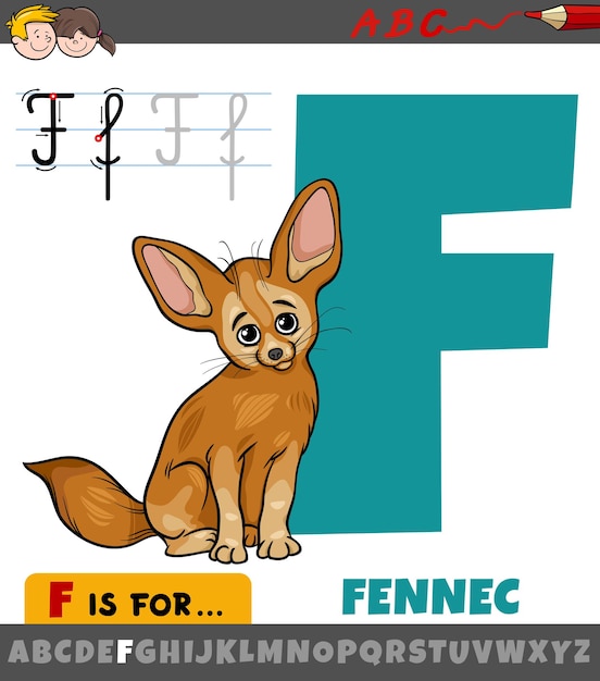 letter F from alphabet with cartoon fennec animal character