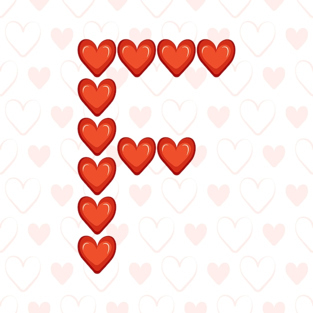 Letter f from red hearts on seamless pattern with love symbol festive font or decoration for valenti...