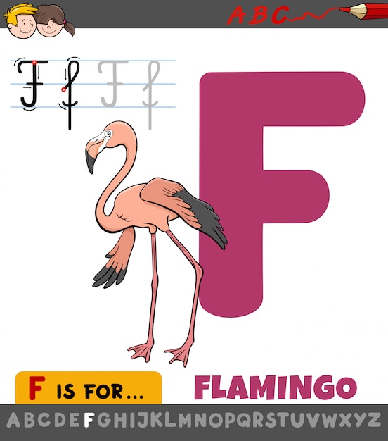 Letter F worksheet with cartoon flamingo bird