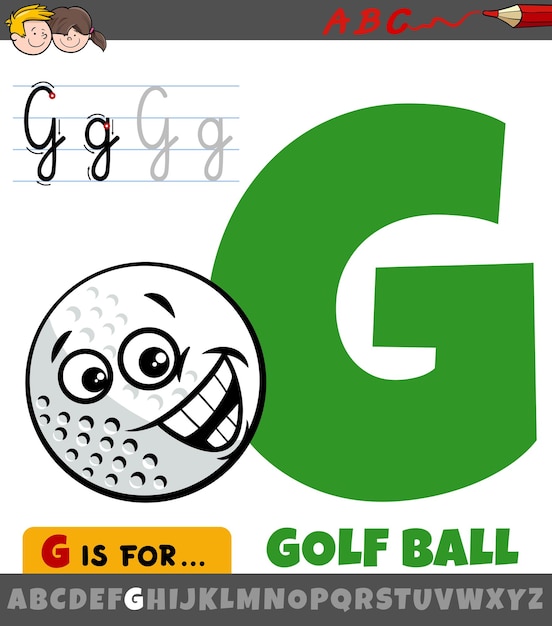 letter G from alphabet with cartoon golf ball character