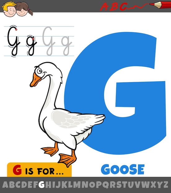 letter G from alphabet with cartoon goose animal character