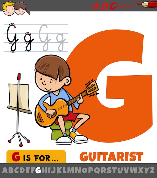 Letter G from alphabet with cartoon guitarist boy