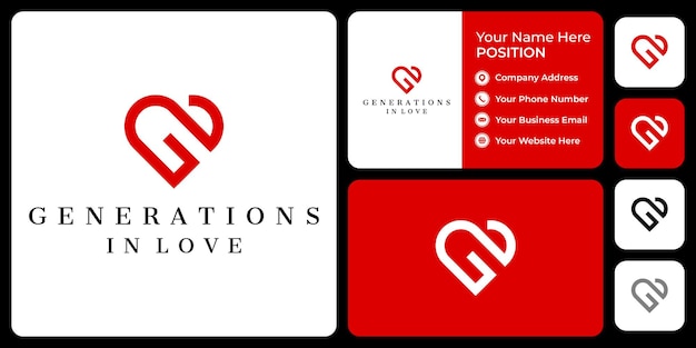 Letter G monogram love logo design with business card template.