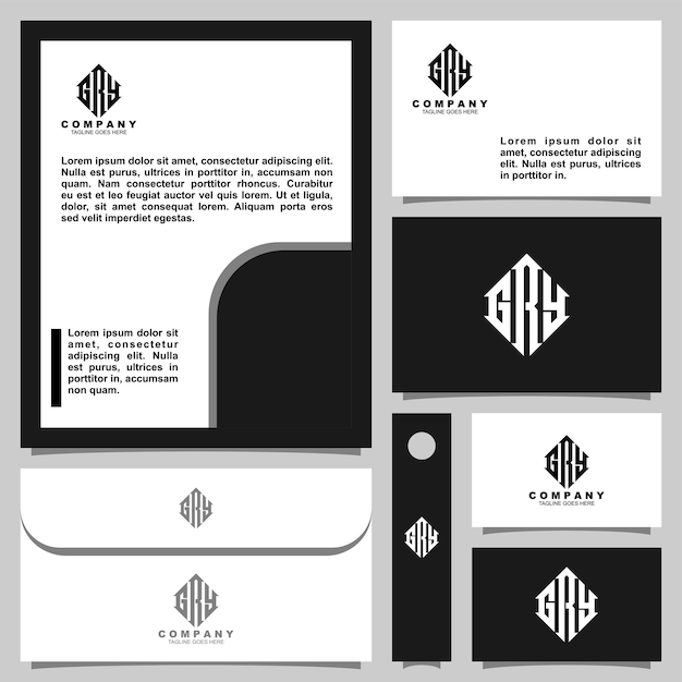 Letter G R Y monogram logo design with stationery template