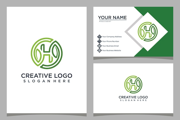 letter H design logo template with circular leaf and business card design