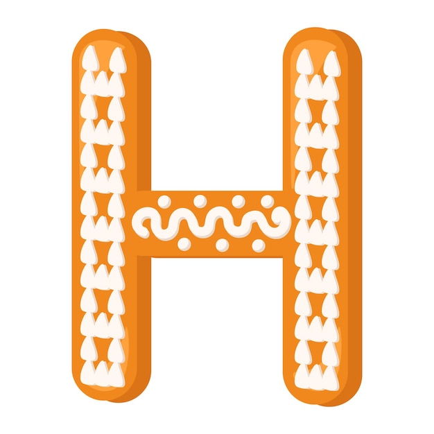 Letter H made from glazed gingerbread Festive font symbol of Happy New Year and Christmas sign and letters of different shapes Vector flat illustration