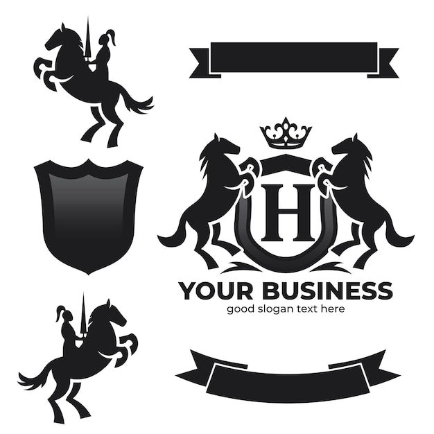 Letter H Retro Crest With Shield And Two Horses Vector heraldic shield with crown horse silhouette