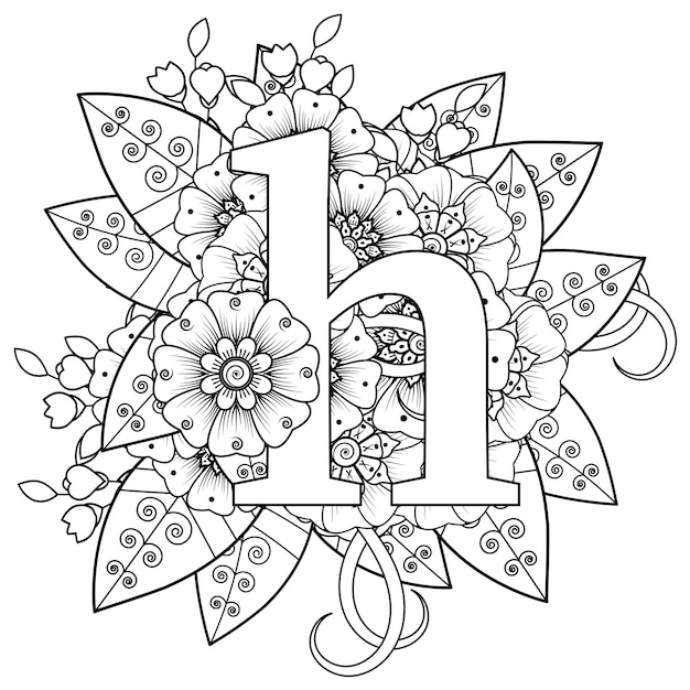 Letter h with Mehndi flower decorative ornament in ethnic oriental style coloring book page