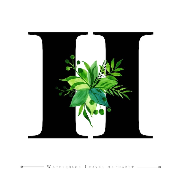 Letter H with Watercolor Leaves Background