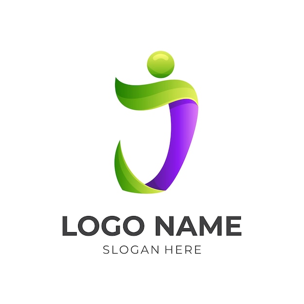 Letter J people logo design people and letter J combination logo with 3d green and purple color style