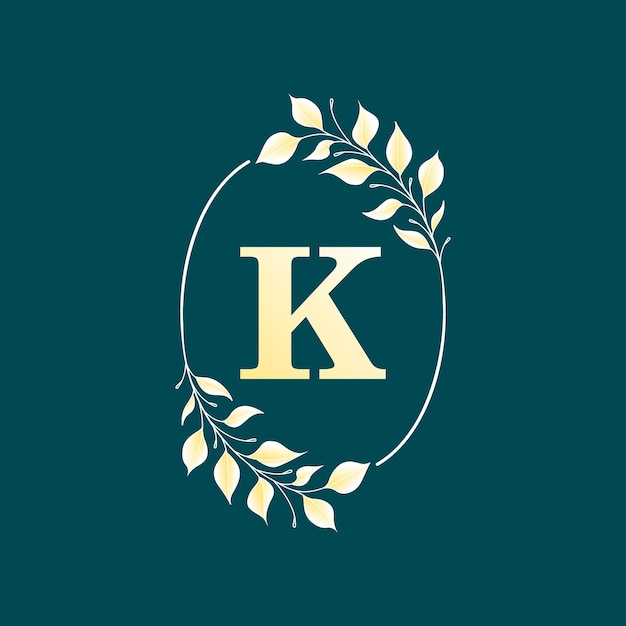 Vector letter k inside an elegant oval frame in gold leaf. vector isolated illustration.