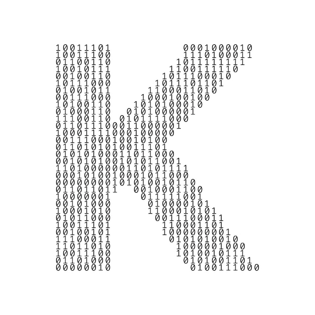 Letter k made from binary code digits technology background