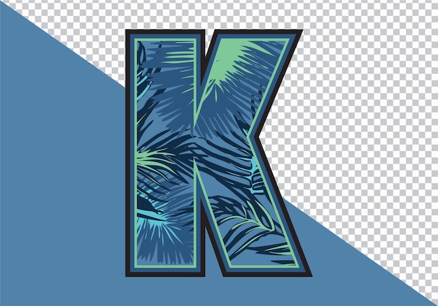 Letter k with flat style tropical leaves vector illustration