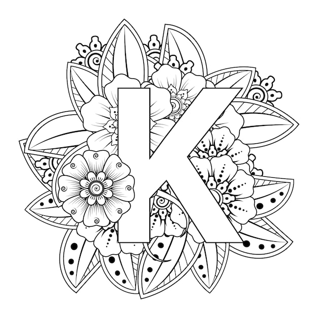 Letter K with Mehndi flower decorative ornament in ethnic oriental style coloring book page