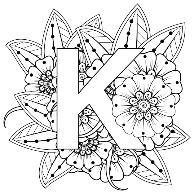 Letter K with Mehndi flower decorative ornament in ethnic oriental style coloring book page