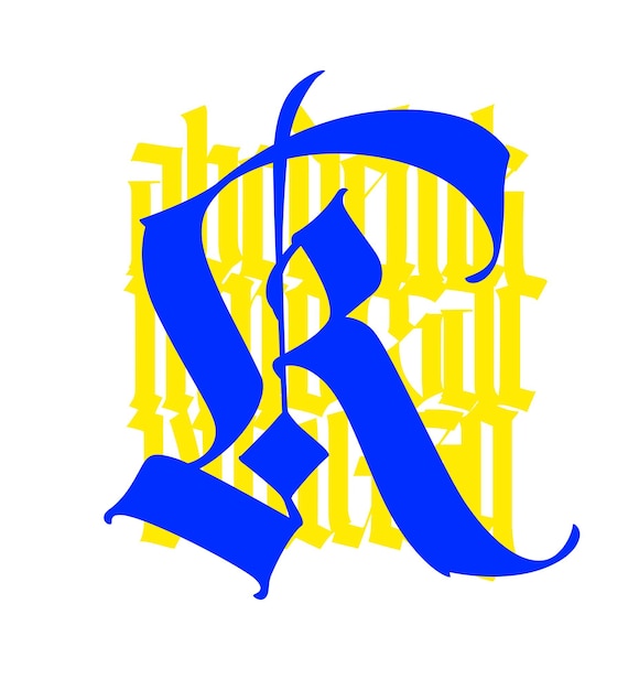 Letter KR in the Gothic style Alphabet The symbol is isolated on a white background Calligraphy