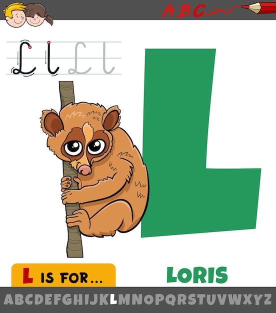 letter L from alphabet with cartoon loris animal character