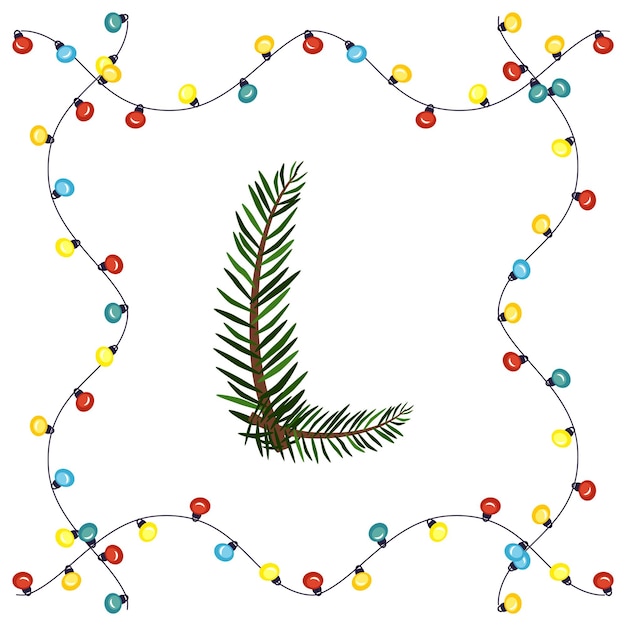 Vector letter l from green christmas tree branches. festive font and frame from garland, symbol of happy new year and christmas, sign from alphabet