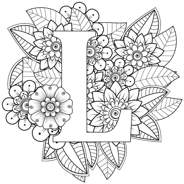 Letter L with Mehndi flower decorative ornament in ethnic oriental style coloring book page