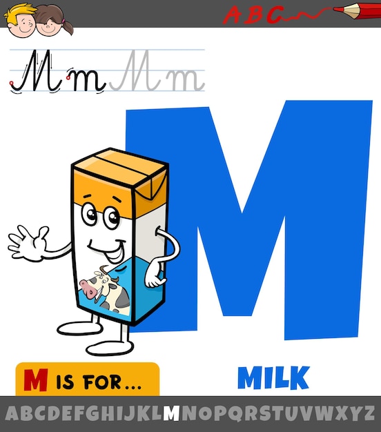 letter M from alphabet with cartoon milk box