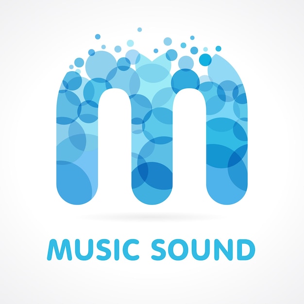 Letter M logotype concept. Isolated abstract emblem. Cute blue logo with bubbles.