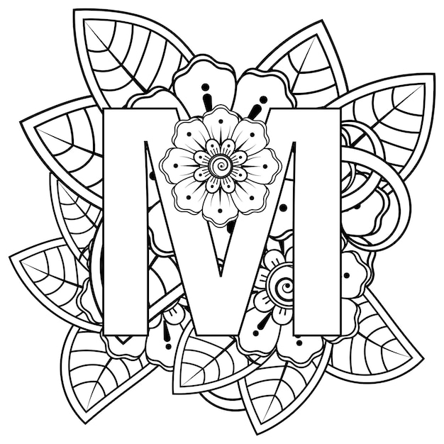 Letter M with Mehndi flower decorative ornament in ethnic oriental style coloring book page