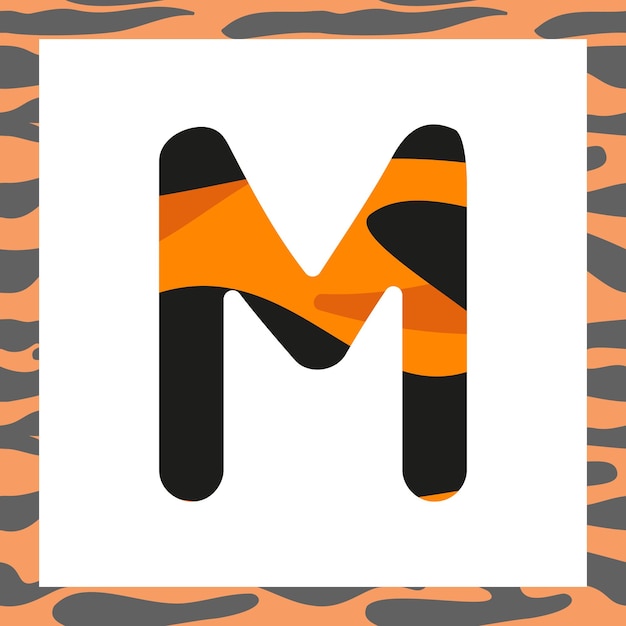 Vector letter m with tiger pattern festive font and frame from orange with black stripes alphabet symbol fo...