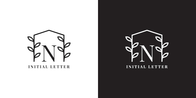 Letter N logo label with floral frame house