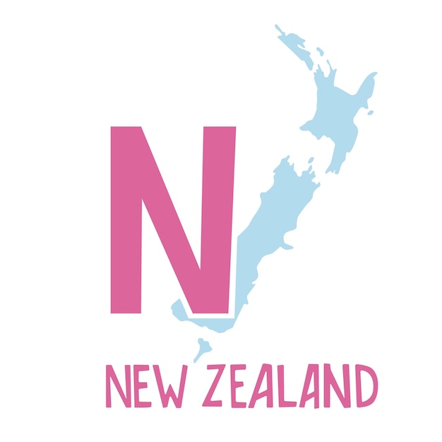 Letter N and map of New Zealand