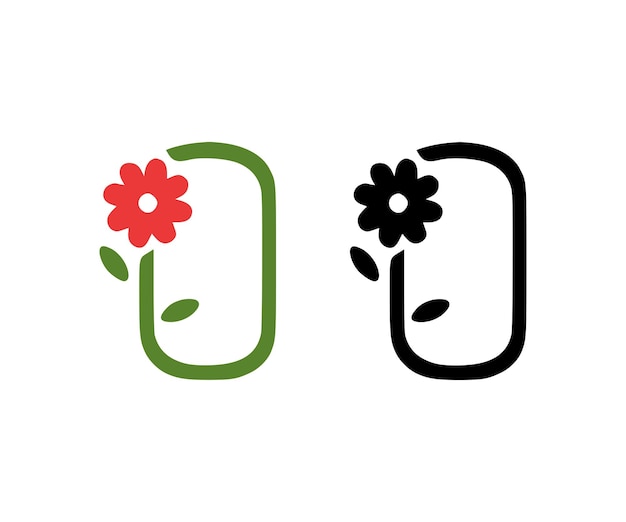 Letter O and red flower doodle icon