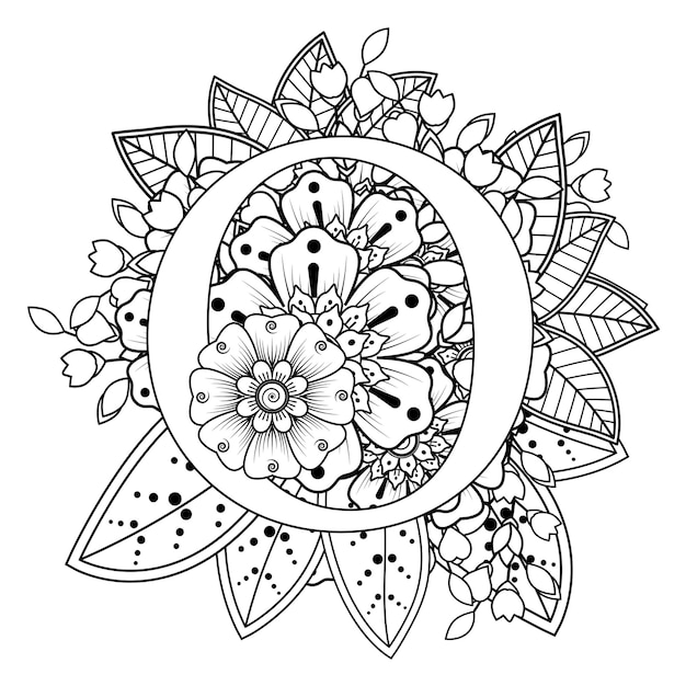 Letter O with Mehndi flower decorative ornament in ethnic oriental style coloring book page