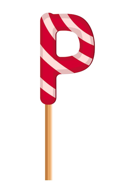 Letter P from striped red and white lollipops. Festive font or decoration for holiday or party. Vector flat illustration