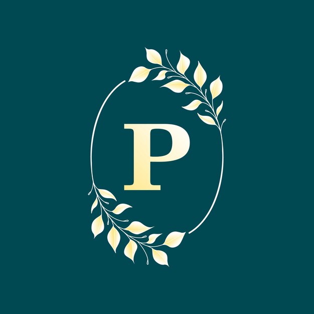 Letter P inside an elegant oval frame in gold leaf. Vector isolated illustration.