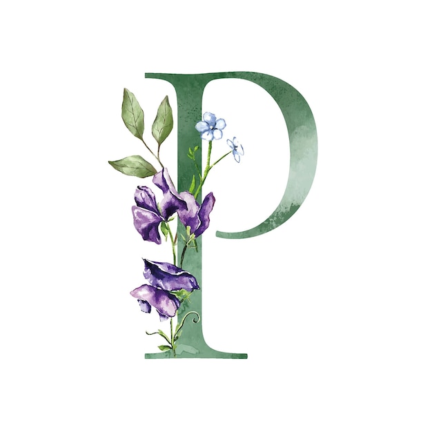 Vector a letter p is painted in green and has flowers