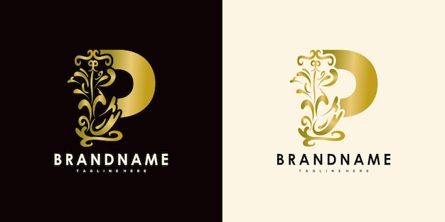 Letter p logo design with creative icon gold water premium vector